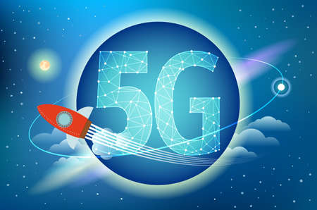 Red Rocket swoosh around the globe with 5G letter. High speed mobile network. vector illustration.