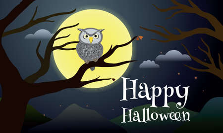 Happy Halloween poster design. Spooky night owl resting on dead tree branch with full moon in the background.のイラスト素材