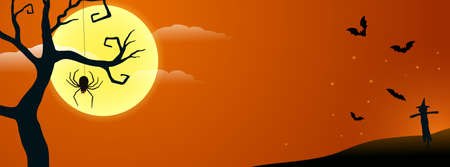 Happy Halloween web banner design. Black spooky spider spinning web under the moonlight, fullmoon, and silhouette of scarecrow and scary tree in the background, fireflies flying aroundのイラスト素材