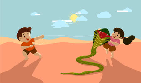 Boy and girl playing snake kite in evening background, vector illustrationのイラスト素材