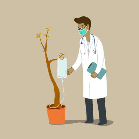 Doctor treating sick tree as a patient, saline bag hanging on the tree branch giving itself nutritiuos water. Metaphor for saving environment concept.のイラスト素材
