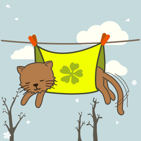 Brown cat taking a nap wrapped in cloth hanging on clothes hanger line. cozy cat napping position. vector illustration, hygge day.のイラスト素材