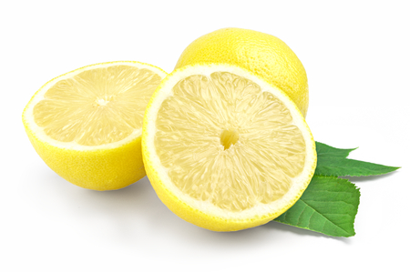 Yellow lemon and halves isolated on white background with a green leaf.の写真素材