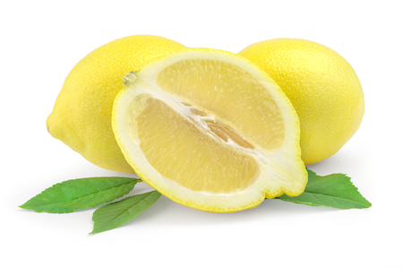 Two Ripe lemons and half Isolated on white background.の写真素材