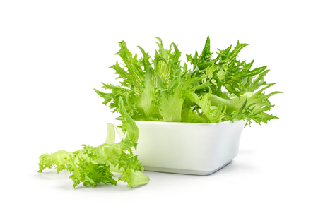 Green leaf of lettuce in bowl isolated on white background. Natural nutrition for diet.の写真素材