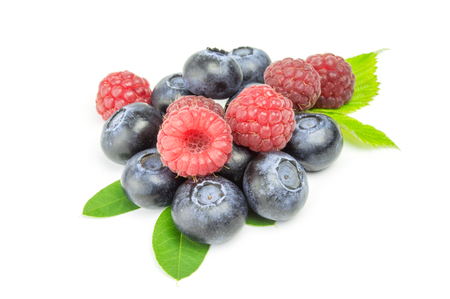 blueberries and raspberries  isolated on white background cutoutの写真素材