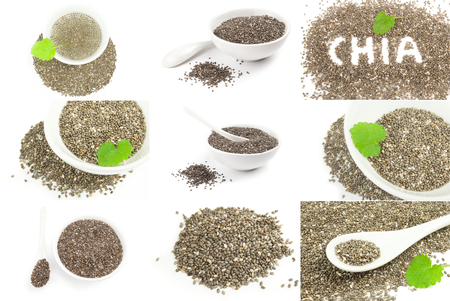 Set of nutritious chia seeds on a isolated white backgroundの写真素材
