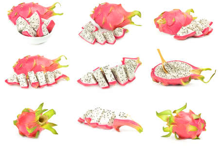 Collection of hylocereus undatus isolated on a white background with clipping pathの写真素材