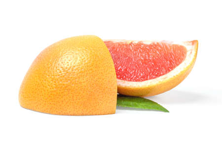 Two slices of grapefruit on white backgroundの写真素材