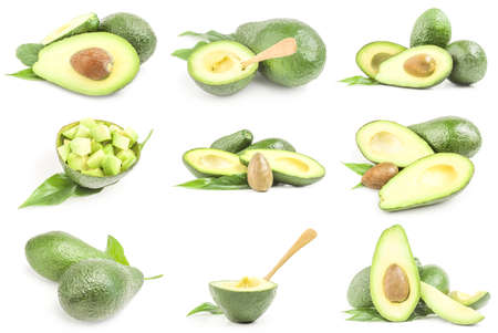 Set of green avocados isolated on a white background cutoutの写真素材