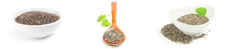 Collection of chia seeds over a white backgroundの写真素材