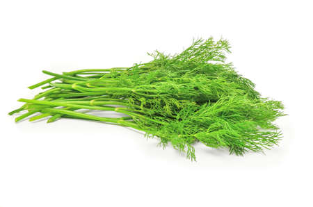 Fresh branches of green dill isolated on whiteの写真素材