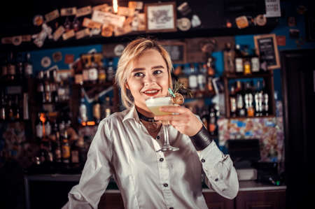 Girl barman mixes a cocktail in the brasserieの写真素材