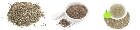 Group of superfood chia seeds on a isolated white backgroundの写真素材