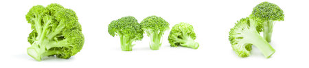 Collage of fresh raw broccoli close-up on whiteの写真素材