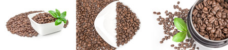 Collage of roast coffee over a white backgroundの写真素材