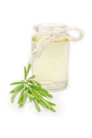 Rosemary oil and fresh herbs on white backgroundの写真素材