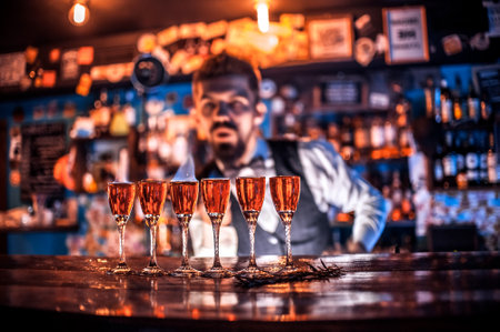 Young barman demonstrates his skills over the counter in the barの写真素材