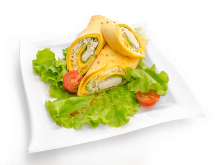 Mexican tortilla wrap with chicken breast and vegetablesの写真素材