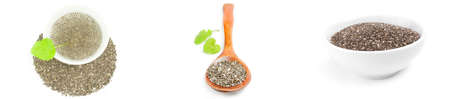 Collage of pile of chia seeds isolated on a white background cutoutの写真素材