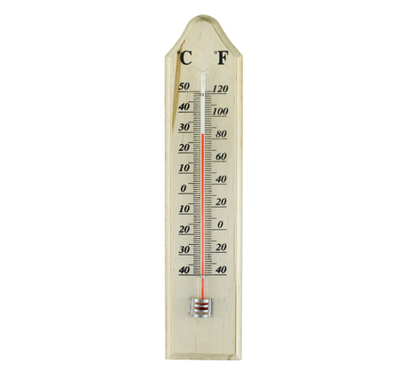 wood plate termometer isolated on white backgroundの写真素材