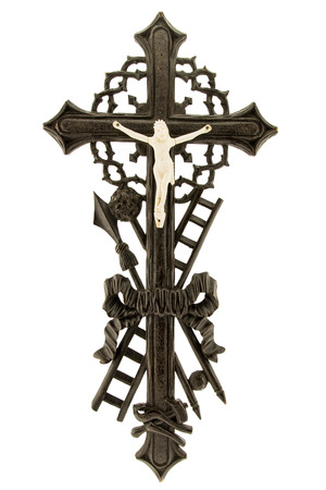 Crucifix with figure of Jesus on white background, wooden, verticalの写真素材
