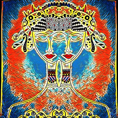 colourful doodle and effect of twin heads of self-assured young ladiesの写真素材