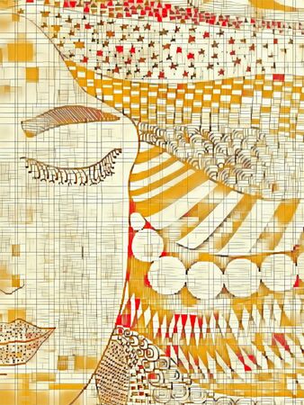 lady with eyes shut geometric style in shades of yellowの写真素材