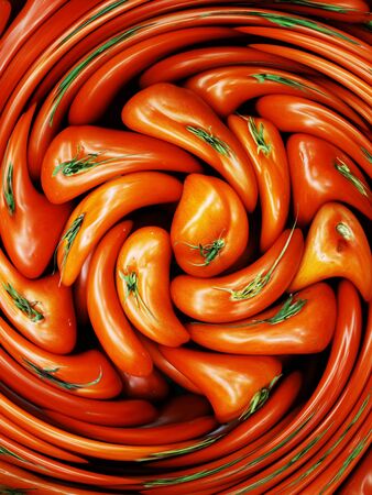 intricate stretched pattern from many fresh organic tomato at farmers market