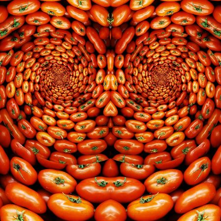 intricate double pattern from many fresh organic tomato at farmers marketの写真素材