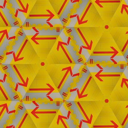 intricate hexagonal design  based on single red arrow on vibrant yellow backdrop