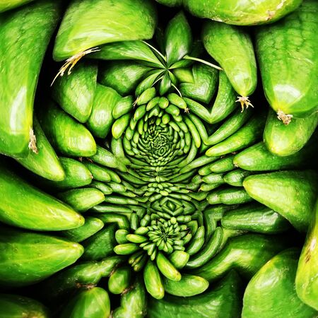 closeup intricate pattern from many fresh organic cucumbers at a farmers market