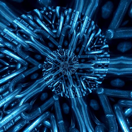 shades of blue spiral abstract pattern and design of a huge steel links of industrial chain...