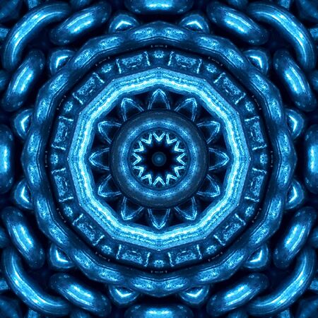 shades of blue radial abstract pattern and design of a huge steel links of industrial chain transformed into unique artの写真素材