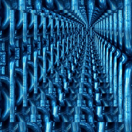 shades of blue perspective pattern and design of a huge steel links of industrial chain transformed into unique artの写真素材