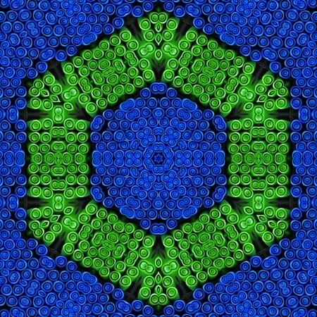 hexagon patterns and design from many felt tip pen tops mostly bright green and vivid blue in color