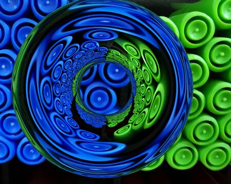 abstract patterns and design from many felt tip pen tops mostly bright green and vivid blue in colorの写真素材