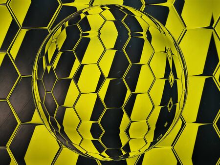 glass marble over hexagonal design all based on multiple black diagonal on a vibrant yellow chevron