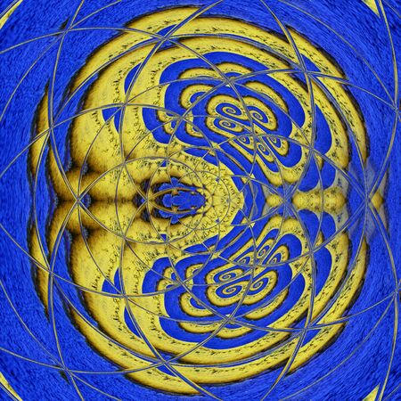 art from electric Neon and ultraviolet blue sky effect with yellow wheat fields  as abstract patterns shapes and designsの写真素材