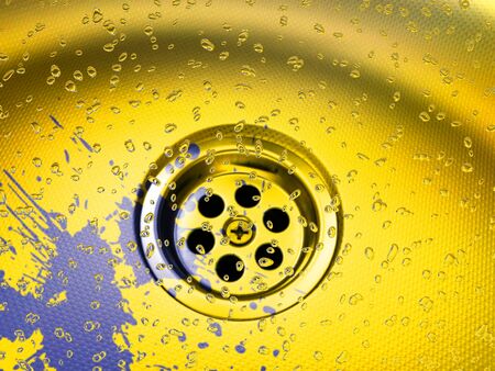 water drops with plug outlet from new spotless domestic stainless steel sink over layered to form vibrant colors shapes patterns and designsの写真素材