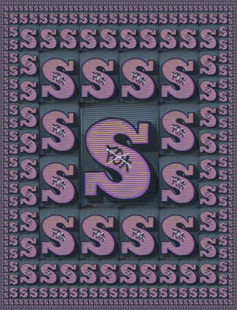 magic carpet size reduction effect of huge capital letter S  in purple paint on shutter doors on a...