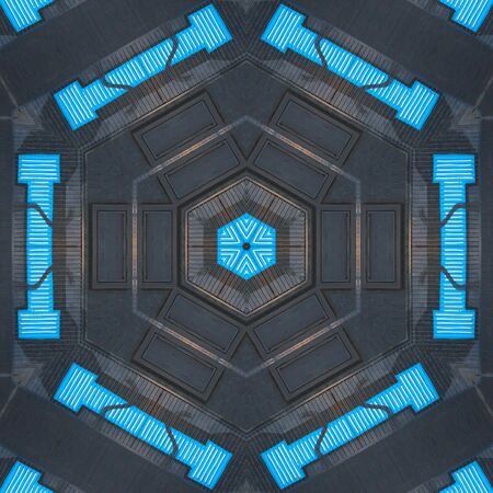 hexagonal view of huge capital letter I  in bluepaint on shutter doors on a dark background into shapes patterns and intricate designsの写真素材