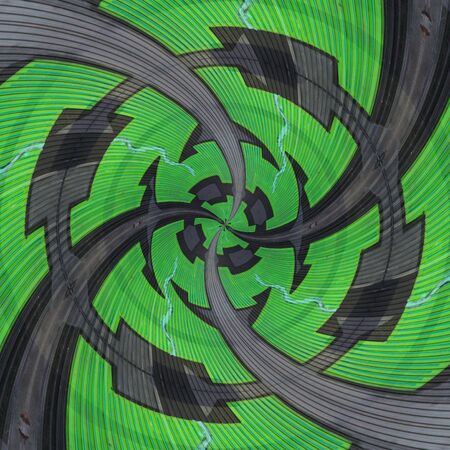 spiral effect of huge capital letter N  in green paint on shutter doors on a dark background into...