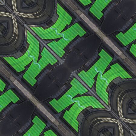 reflections of many of huge capital letter N  in green paint on shutter doors on a dark backgroundの写真素材