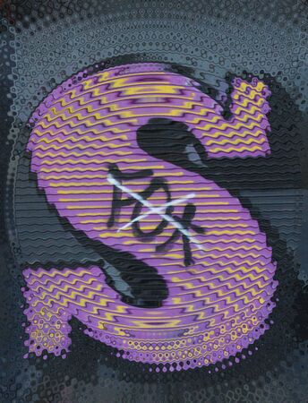 ripple effect of huge capital letter S  in purple paint on shutter doors on a dark background into...