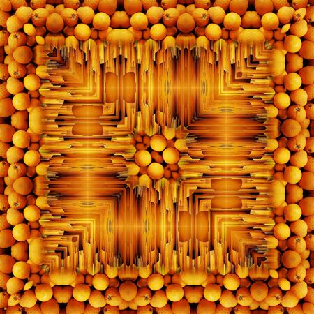 photographic image of many oranges from local market transformed into patterns shapes and designs