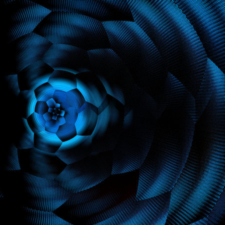 vivid neon blue colored abstract patterns shapes and design on jet black backgroundの写真素材