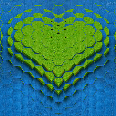 patterns and designs of green wooden heart on blue background with rain dropsの写真素材