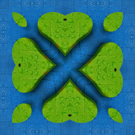 patterns and designs of green wooden heart on blue background with rain drops