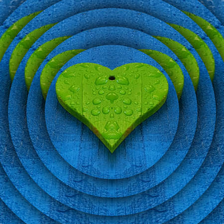 patterns and designs of green wooden heart on blue background with rain drops